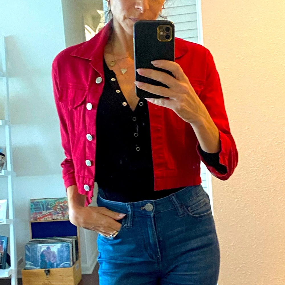 Cute crop red denim jacket